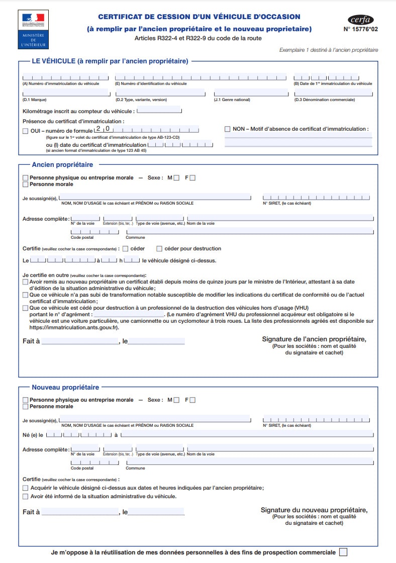 le certificat de cession dune vehicule doccasion